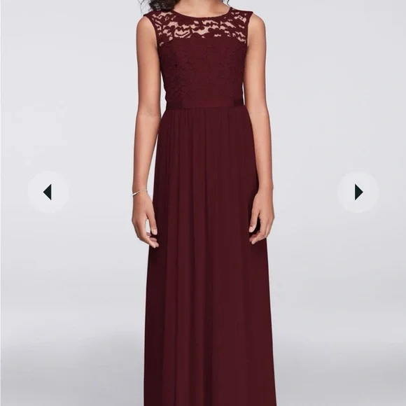 cap sleeve lace and mesh long girls dress (Wine) - Picture 5 of 6